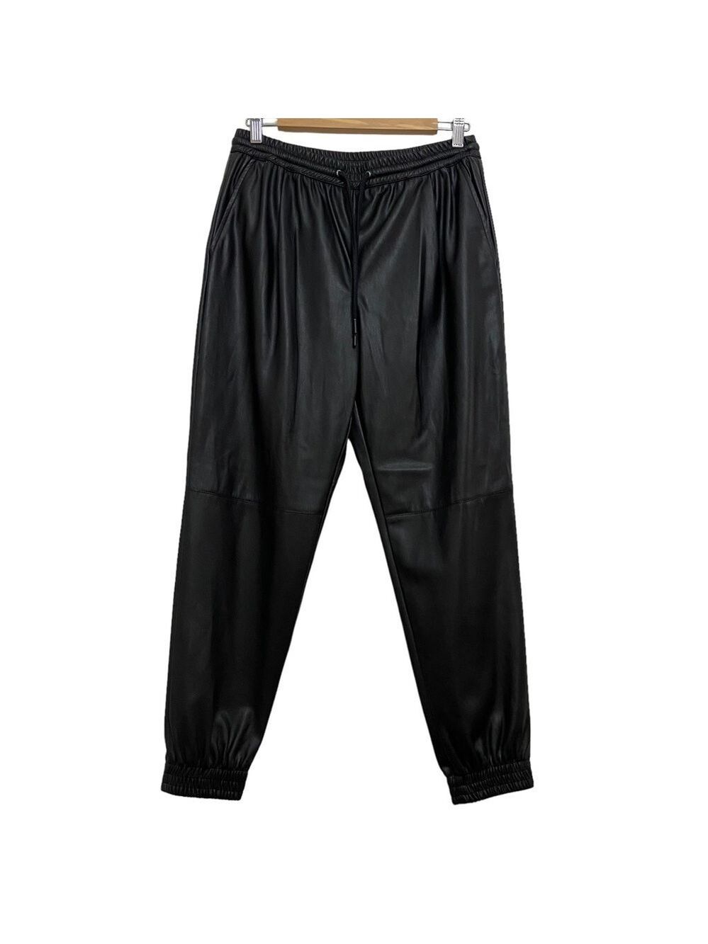 Zara jogger fine vegan leather black baggy pockets elastic waist ajustable 10